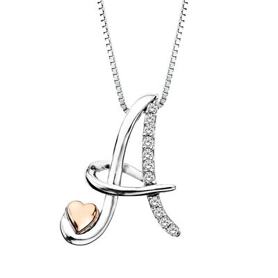 Diamond A Initial Pendant in Sterling Silver & 14K Rose Gold 