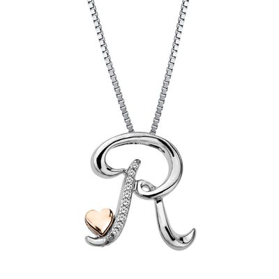 Diamond R Initial Pendant in Sterling Silver & 14K Rose Gold 