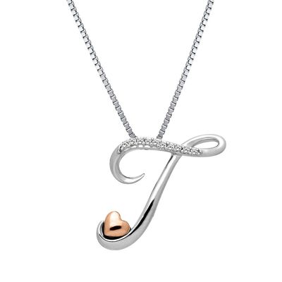 Diamond T Initial Pendant in Sterling Silver & 14K Rose Gold 