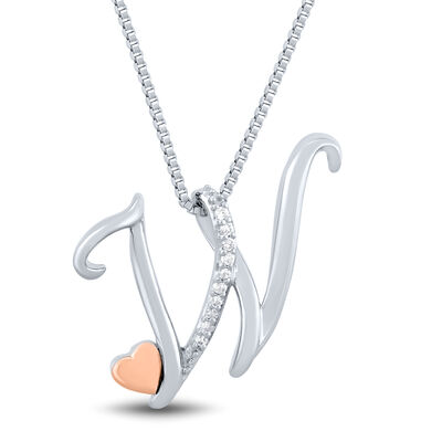 Diamond W Initial Pendant In Sterling Silver & 14K Rose Gold