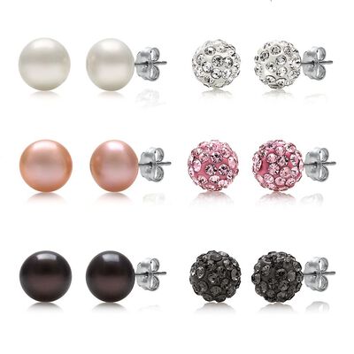 Freshwater Cultured Pearl & Crystal Stud Earring Set in Sterling Silver, 8MM