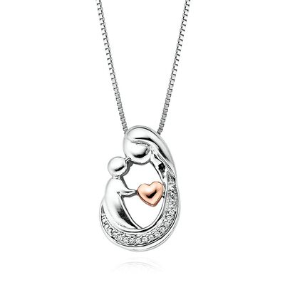 Diamond Mother & Baby Necklace Pendant in Sterling Silver & 14K Rose Gold
