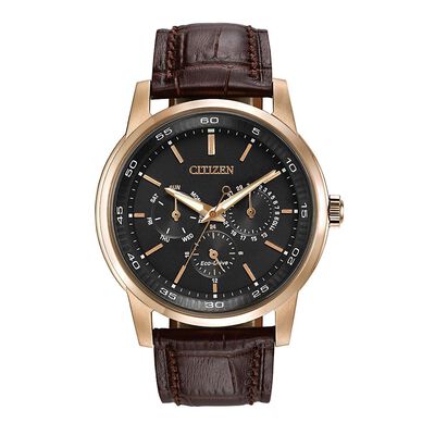 Men's Brown Leather Watch in Rose Gold-Tone Ion-Plated Stainless Steel, 44mm