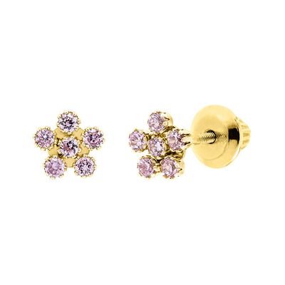 Children's Pink Cubic Zirconia Flower Stud Earrings in 14K Yellow Gold