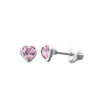 Children's Pink Cubic Zirconia Heart Earrings in Sterling Silver