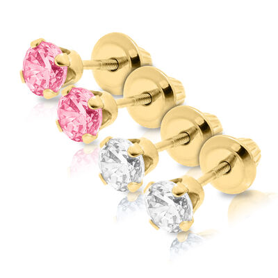 Children's Pink & White Cubic Zirconia Stud Earring Set in 14K Yellow Gold
