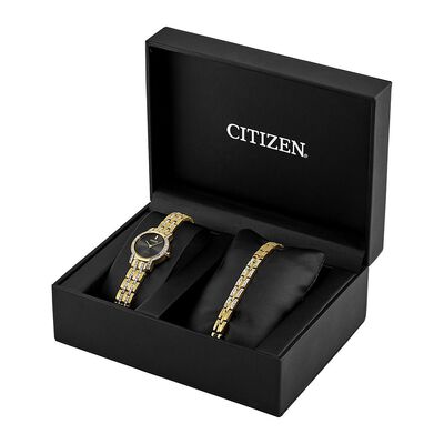 Crystal Watch & Bracelet Set in Yellow Gold-Tone Ion-Plated Stainless Steel