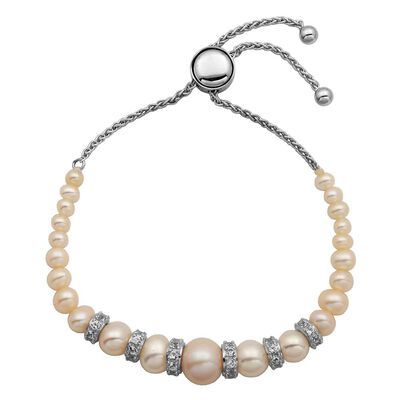 Freshwater Cultured Pearl & Lab Created White Sapphire Bolo Bracelet in Sterling Silver