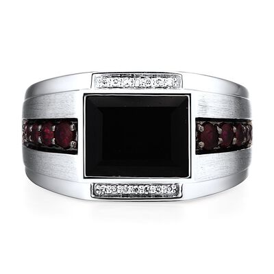 Men's Onyx, Garnet & Diamond Ring in Sterling Silver