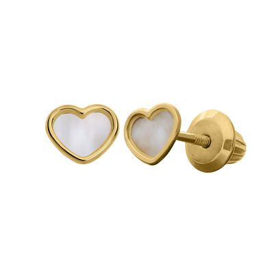 Children's Mother of Pearl Heart Earrings in 14K Yellow Gold