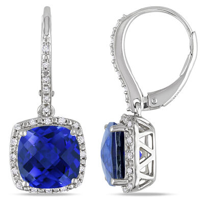 Lab Created Blue Sapphire & Diamond Drop Earrings in Sterling Silver