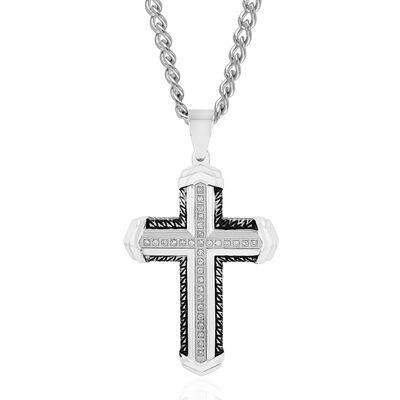 Men’s Diamond & Black Ion-Plated Cross Necklace in Stainless Steel (1/4 ct. tw.)