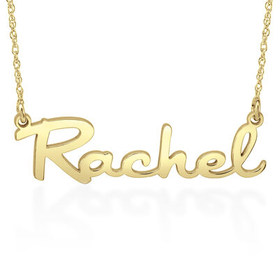 custom nameplate necklace with cursive lettering in 10k yellow gold