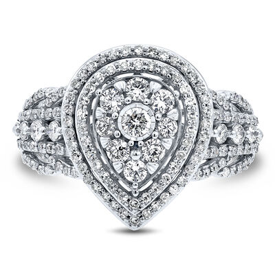 Pear-Shaped Cluster Diamond Engagement Ring with Wide Band in 10K White Gold (1 ct. tw.)