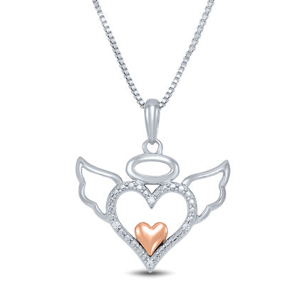 Diamond Angel Pendant with Heart in Sterling Silver & 14K Rose Gold