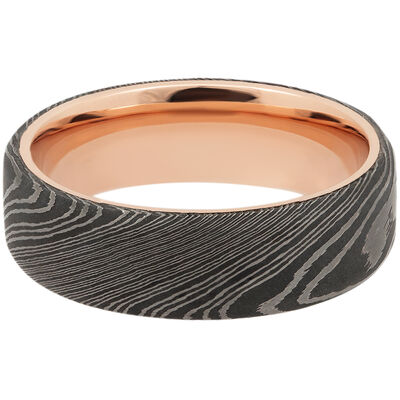 Men’s Wedding Band with 14K Rose Gold in Damascus Steel, 7mm
