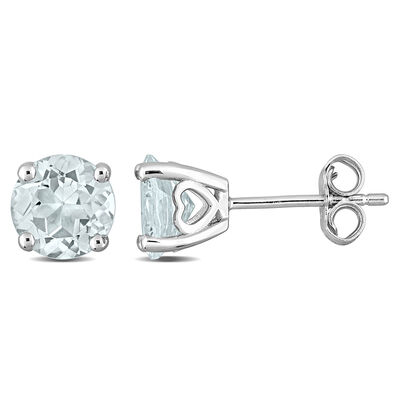 Aquamarine Stud Earrings with Heart Baskets in Sterling Silver