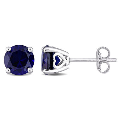 Lab Created Blue Sapphire Stud Earrings with Heart Baskets in Sterling Silver