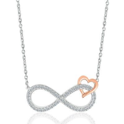 Diamond Infinity & Heart Pendant in Sterling Silver & 10K Rose Gold (1/7 ct. tw.)
