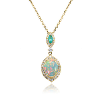 Opal, Emerald & Diamond Pendant in 10K Yellow Gold (1/5 ct. tw.)