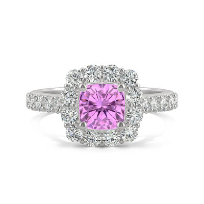 Lab Created Pink Sapphire & Moissanite Halo Ring in 14K White Gold (1 1/10 ct. tw.)