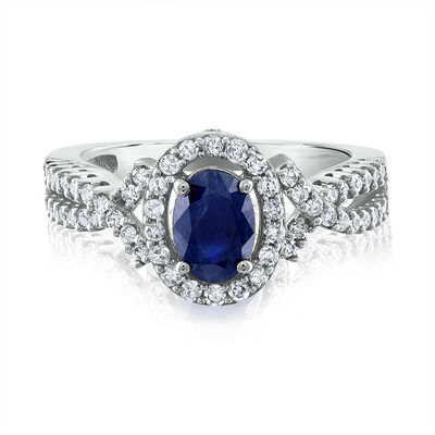Blue Sapphire & Diamond Halo Ring in 10K White Gold (1/2 ct. tw.)
