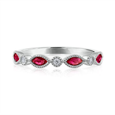 Ruby & Diamond Accent Stack Ring in 14K White Gold