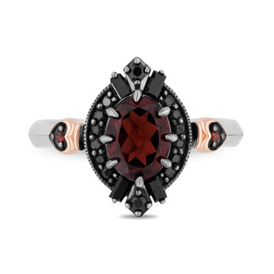 Evil Queen Diamond, Onyx and Garnet Ring in Sterling Silver and 10K Rose Gold (1/7 ct. tw.)