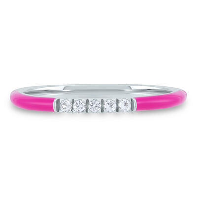 Pink Enamel and Lab Created White Sapphire Stack Ring in Sterling Silver