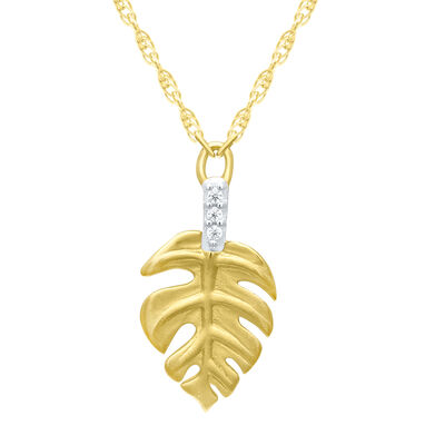 Diamond Accent Monstera Leaf Necklace in 10K Yellow Gold