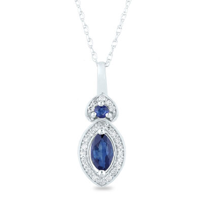 Blue Sapphire and Diamond Accent Marquise Halo Pendant in 10K White Gold