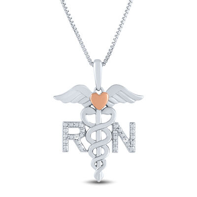 Diamond Accent Nurse Caduceus Pendant in Sterling Silver and 14K Rose Gold