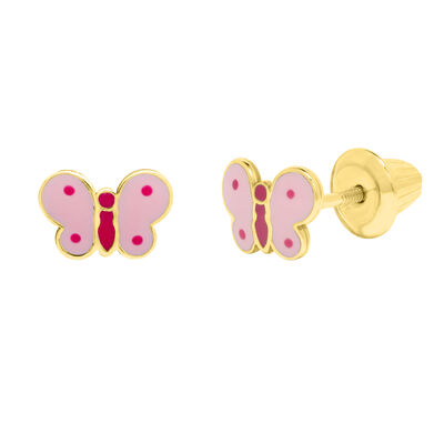 Children’s Pink Enamel Butterfly Stud Earrings in 14K Yellow Gold