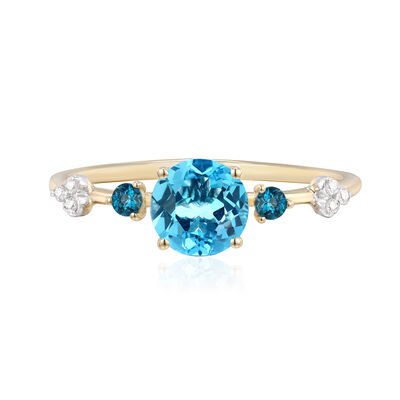Swiss Blue Topaz Ring with London Blue Topaz and Diamond Accents in 10K Yellow Gold