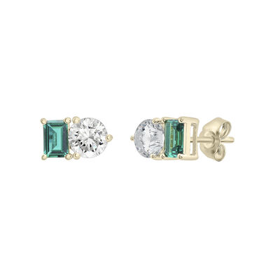 Lab-Created Emerald and Lab-Created White Sapphire Two-Stone Earrings in Vermeil