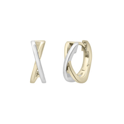 Two-Tone Huggie Hoop 'X' Earrings in Sterling Silver and Vermeil 13MM